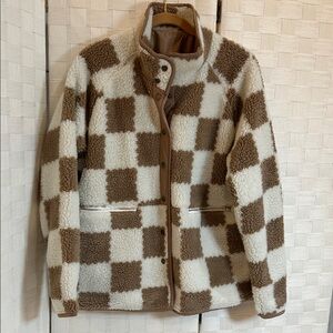 Checkerboard Sherpa Jacket in Cream and Brown